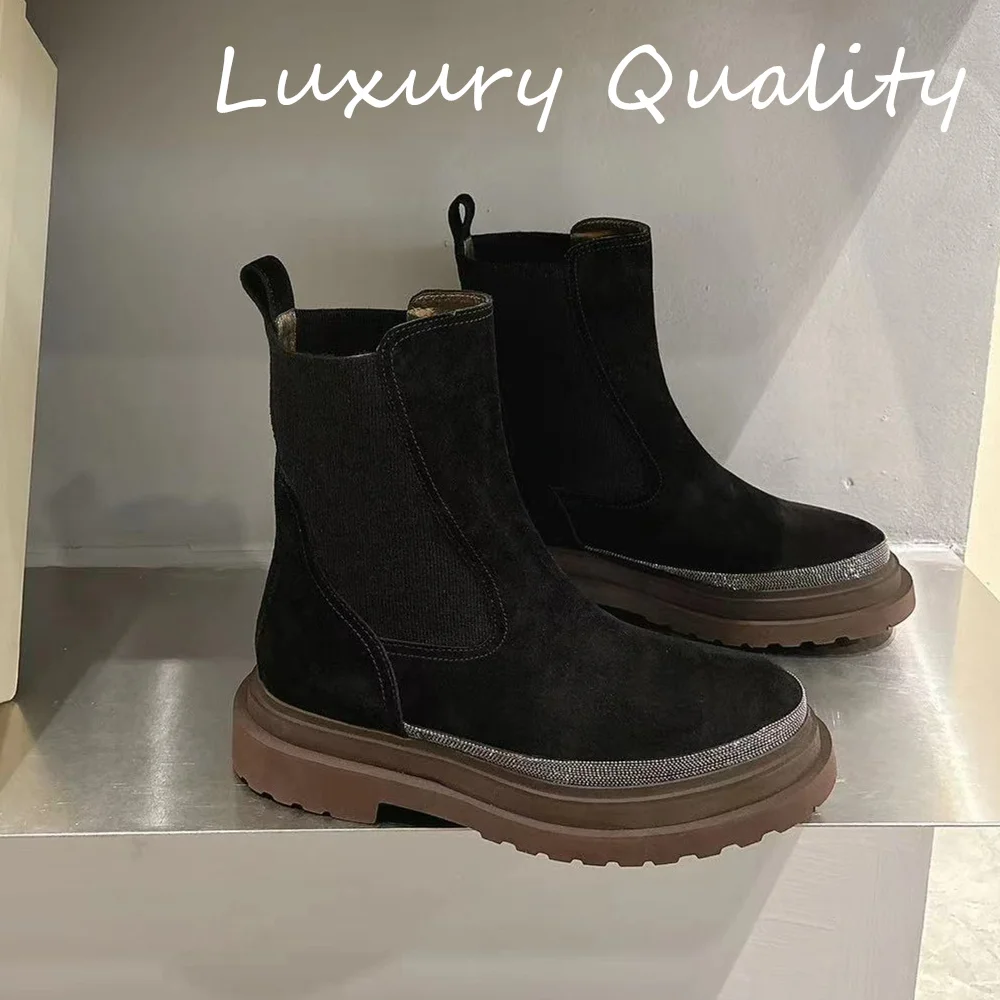 

2024 Winter Heel Chelsea Boots Women's Real Leather Round Toe String Bead Ankle Boots Platform Retro Elastic Short Boots