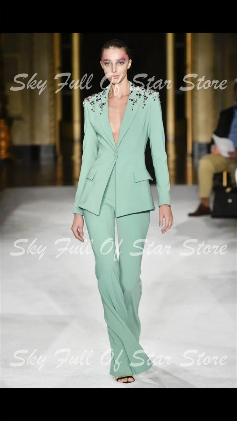 Luxury Women Suit 2 Pcs Single Button Blazer Flared Pants Colorful Crystal Embellished Formal Prom Fashion Show Wedding Guest