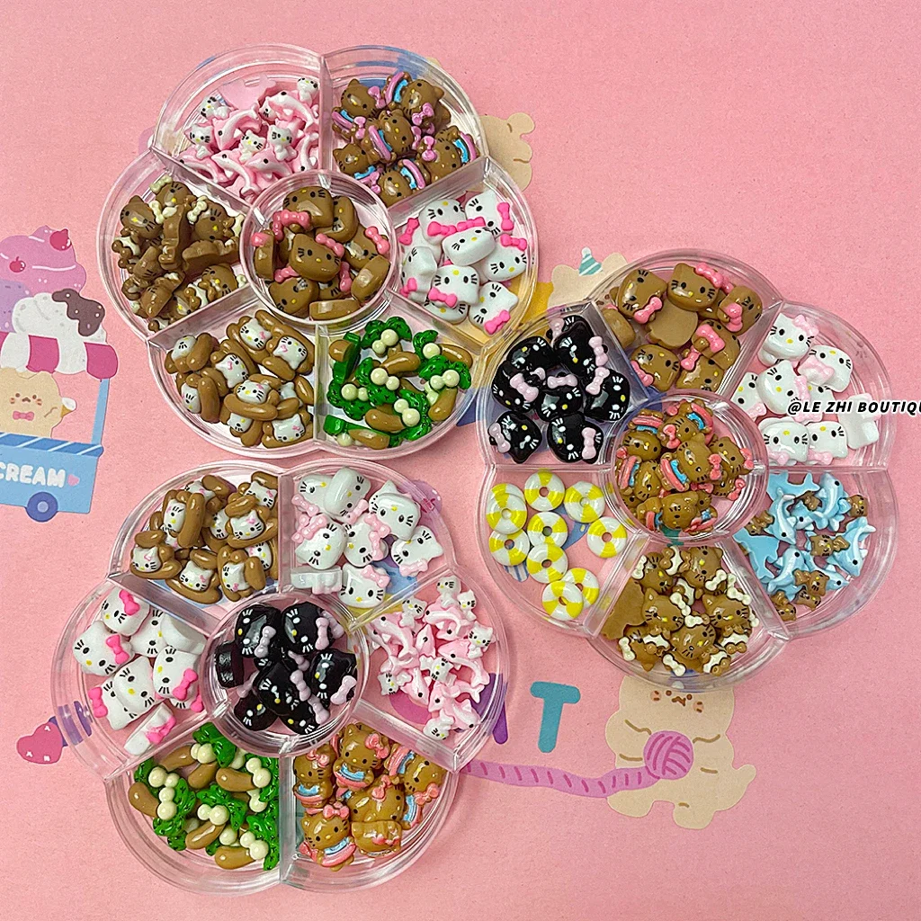 70Pcs Box Hawaii Hellokitty Nails Accessories Diy Charm Sanrio Coffee Color Skin Kt Resin Phone Case Hairpin Nail Art Ornament