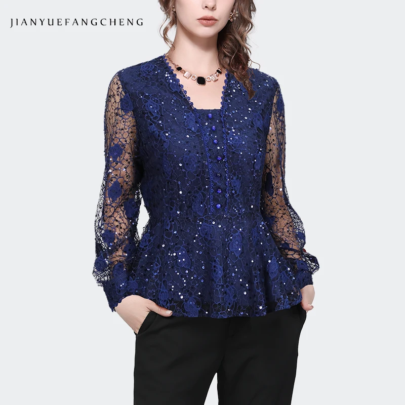 100% Nylon Womens Long Sleeve Square Neck Hollow Out Sequined Blue Lace Blouse 2024 Spring Summer Ladies Fashion Shirts Tops