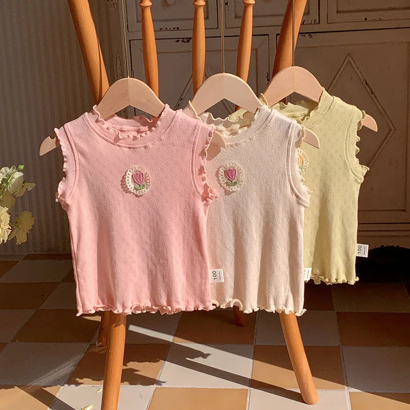 Lace Girl Vest Tops 2024 Summer Mushroom Flower Cotton Sleeveless Tshirts Soft Breathable Baby Girls Tank