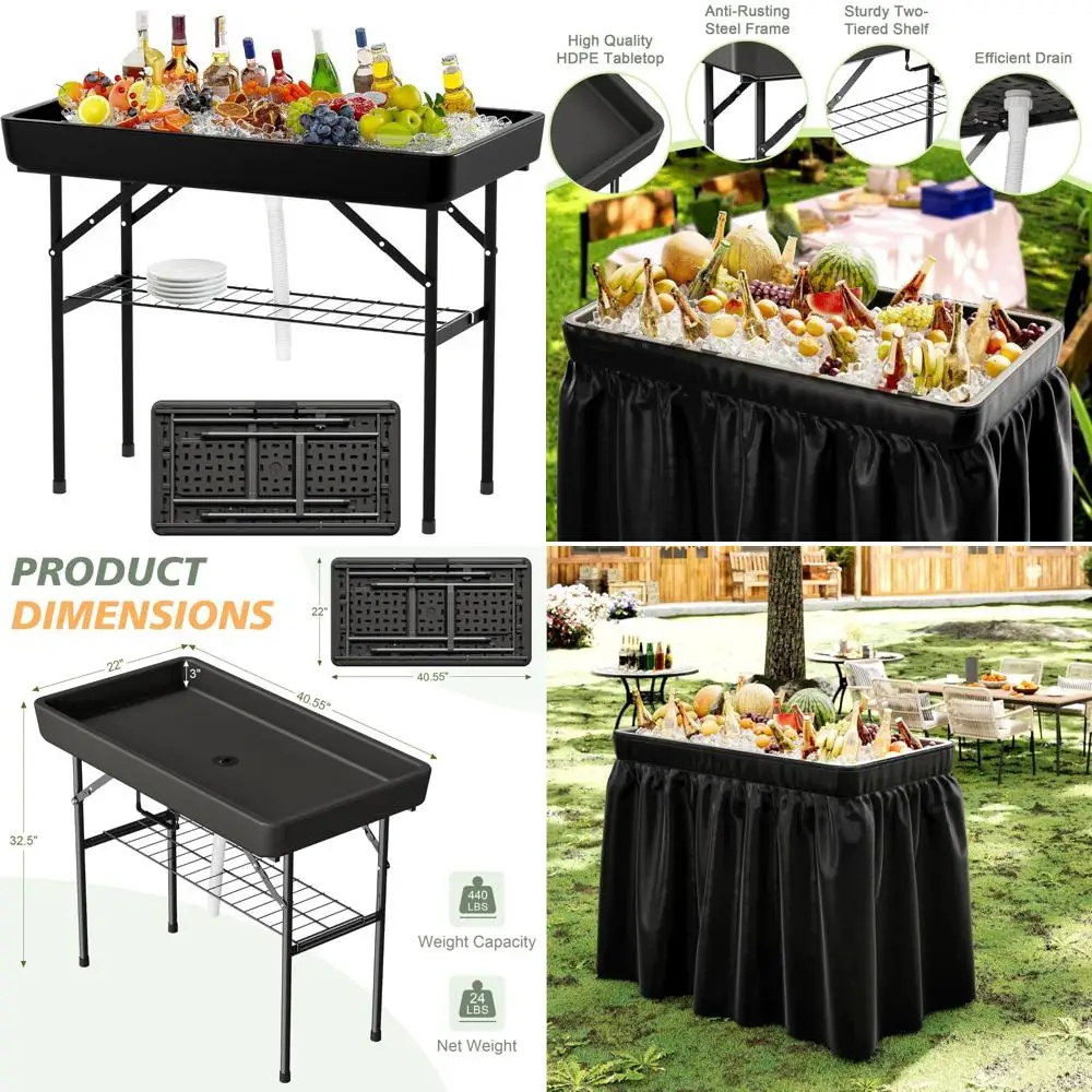 طاولة تبريد ثلج محمولة قابلة للطي مع تنورة مطابقة وصرف للحفلات الخارجية والتخييم وصيد الأسماك والتنظيف