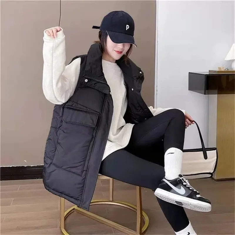 2023 New Women\'s Vest Jacket Down Cotton Vest Autumn Winter Jacket Thicken Loose Long Coat Female Sleeveless Waistcoat Snow Wear