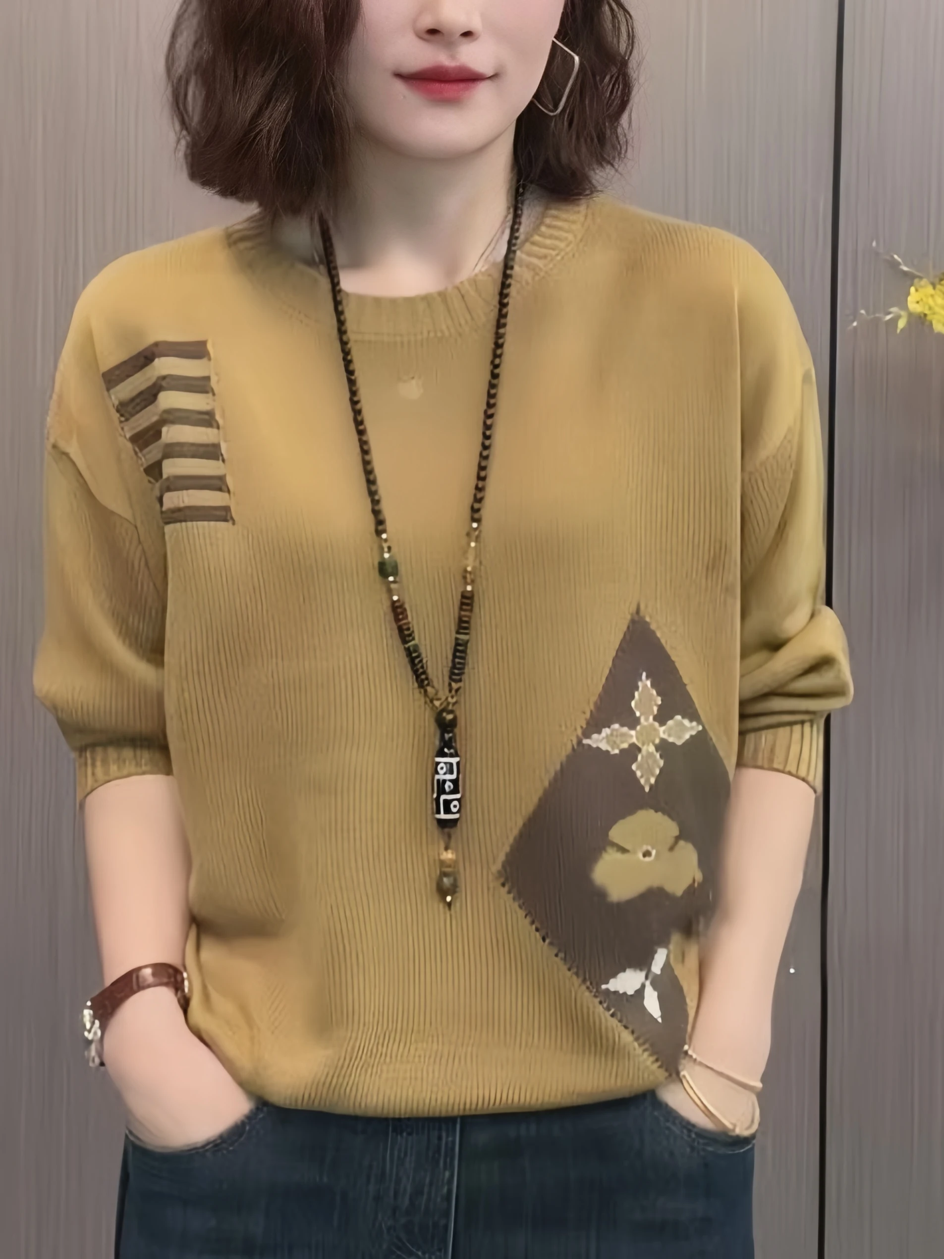 

Autumn Winter Women's Loose Fit Long Sve round Ne Knitted Sweater Faionable Splice Base Layer Slimming Top