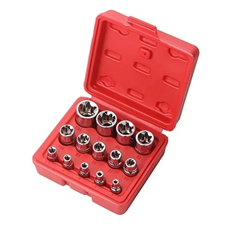 14Pcs E-Torx Hexagonal Plum Socket Set with Case 1/4, 3/8, 1/2 in Drive Female External Star Socket Set E4-E24 Torque Sockets