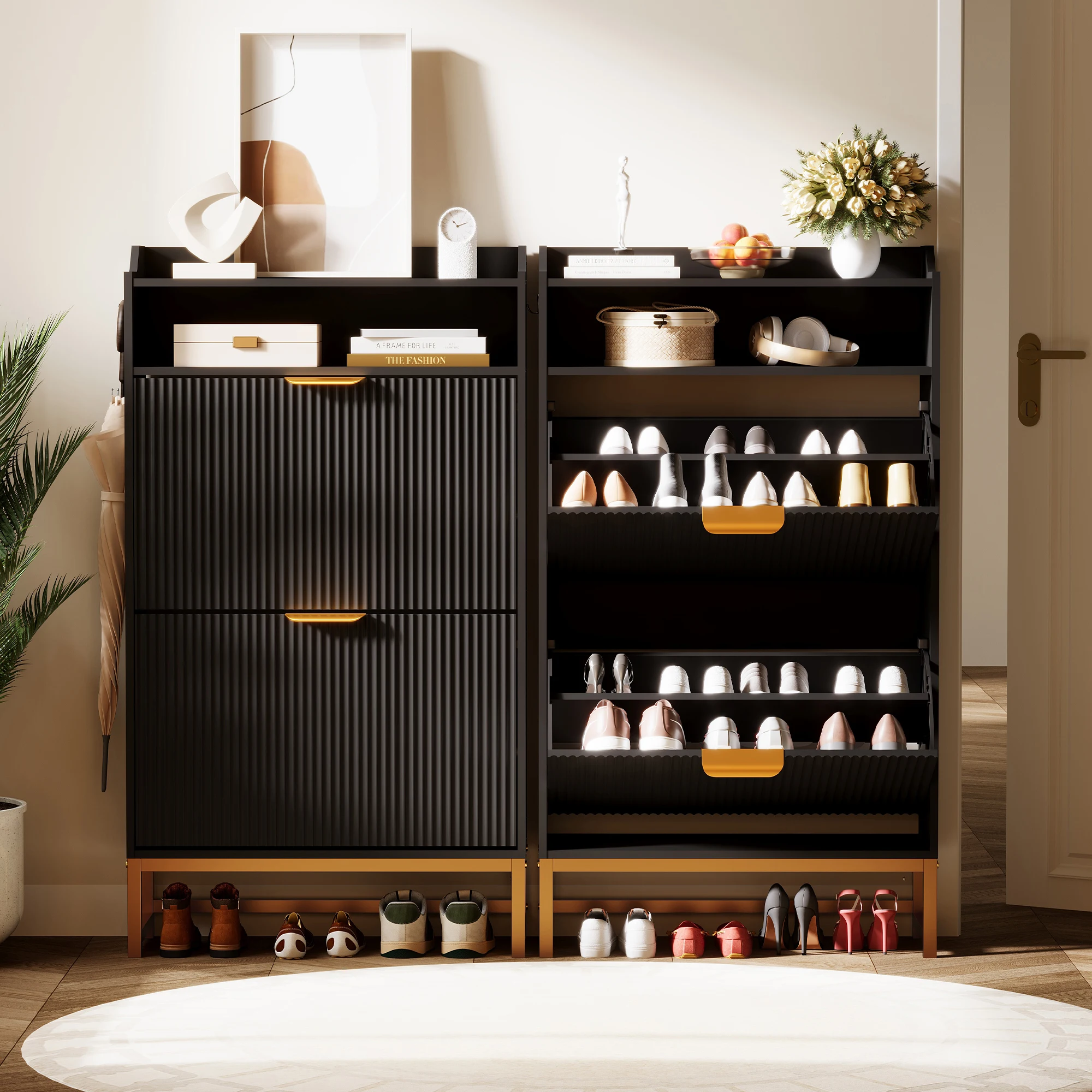 Narrow Shoe Cabinet Storage for Entryway, Modern Fluted Shoe Rack Organizer with 2 Flip Drawers and an Open Shelf for Hallway, Living Room,