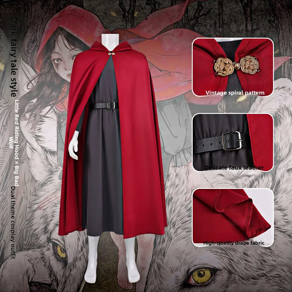 

Dark Fairy Tale Little Red Riding Hood Cosplay Costume Set Halloween Medieval Stage Performance Gown Women's Ethnic Wear