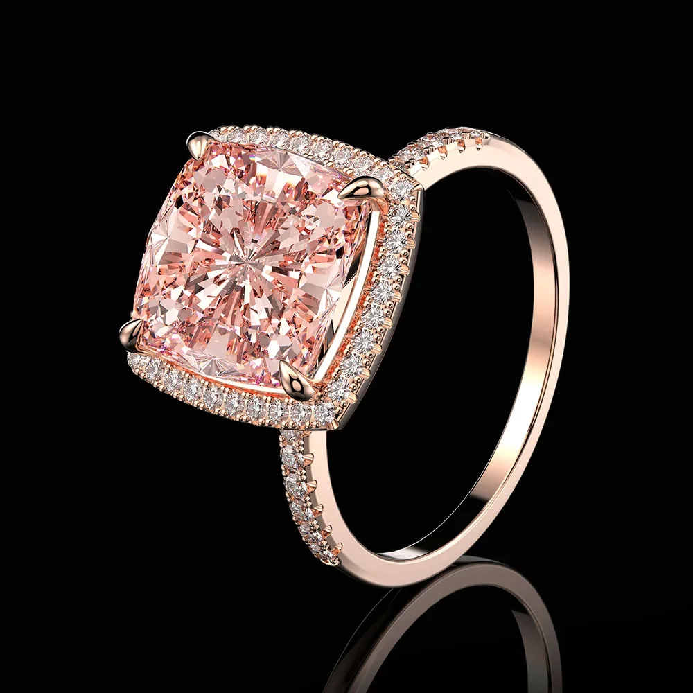 PANSYSEN 10MM Square Morganite Gemstone Rings for Women Solid 925 Sterling Silver Sparking Cocktail Ring Wedding Fine Jewelry