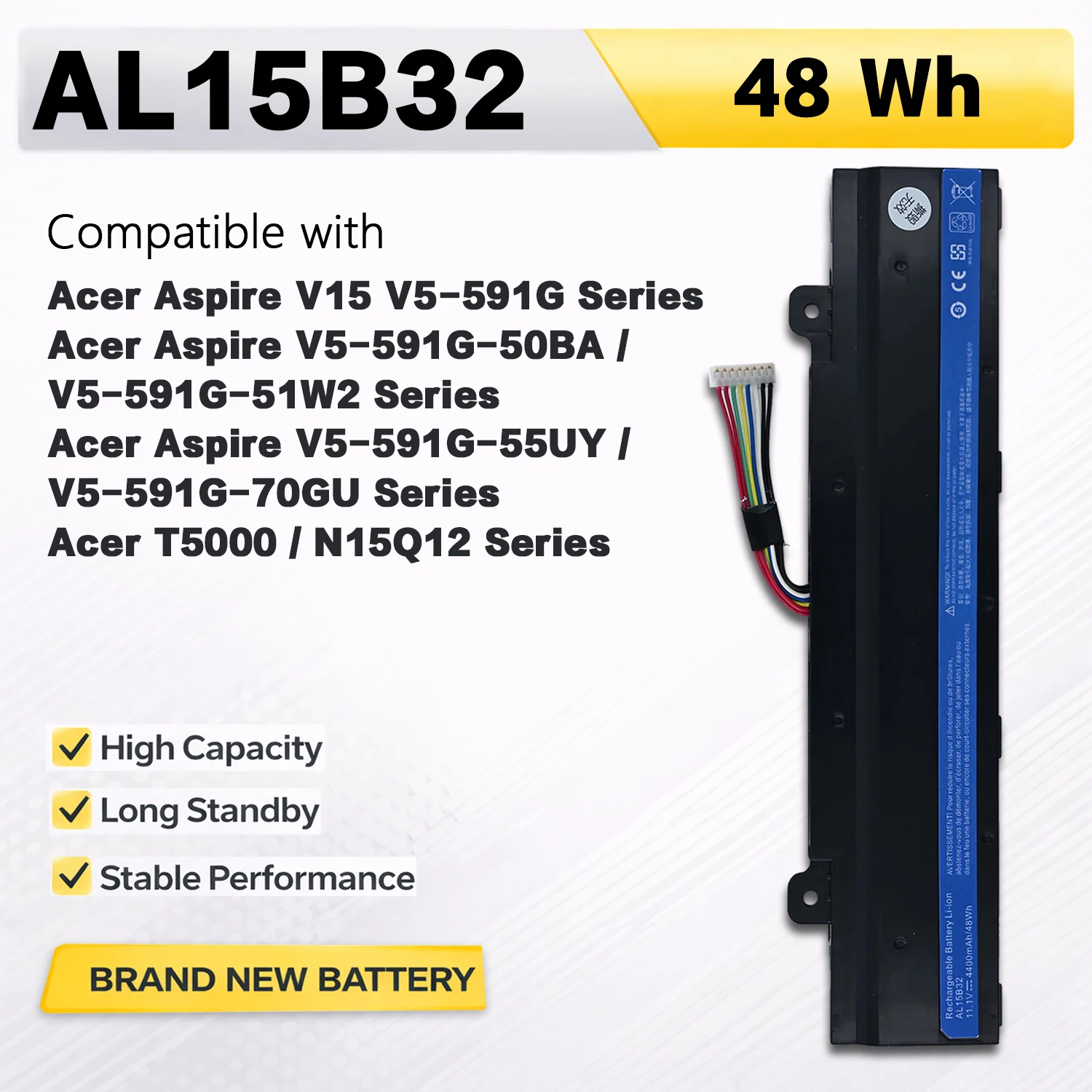 PowerHub AL15B32 11.1V 48Wh 4400mAh Laptop Battery For Acer Aspire V15 V5-591G T5000 N15Q12 V5-591G-50BA V5-591G-51W2 KT00603011