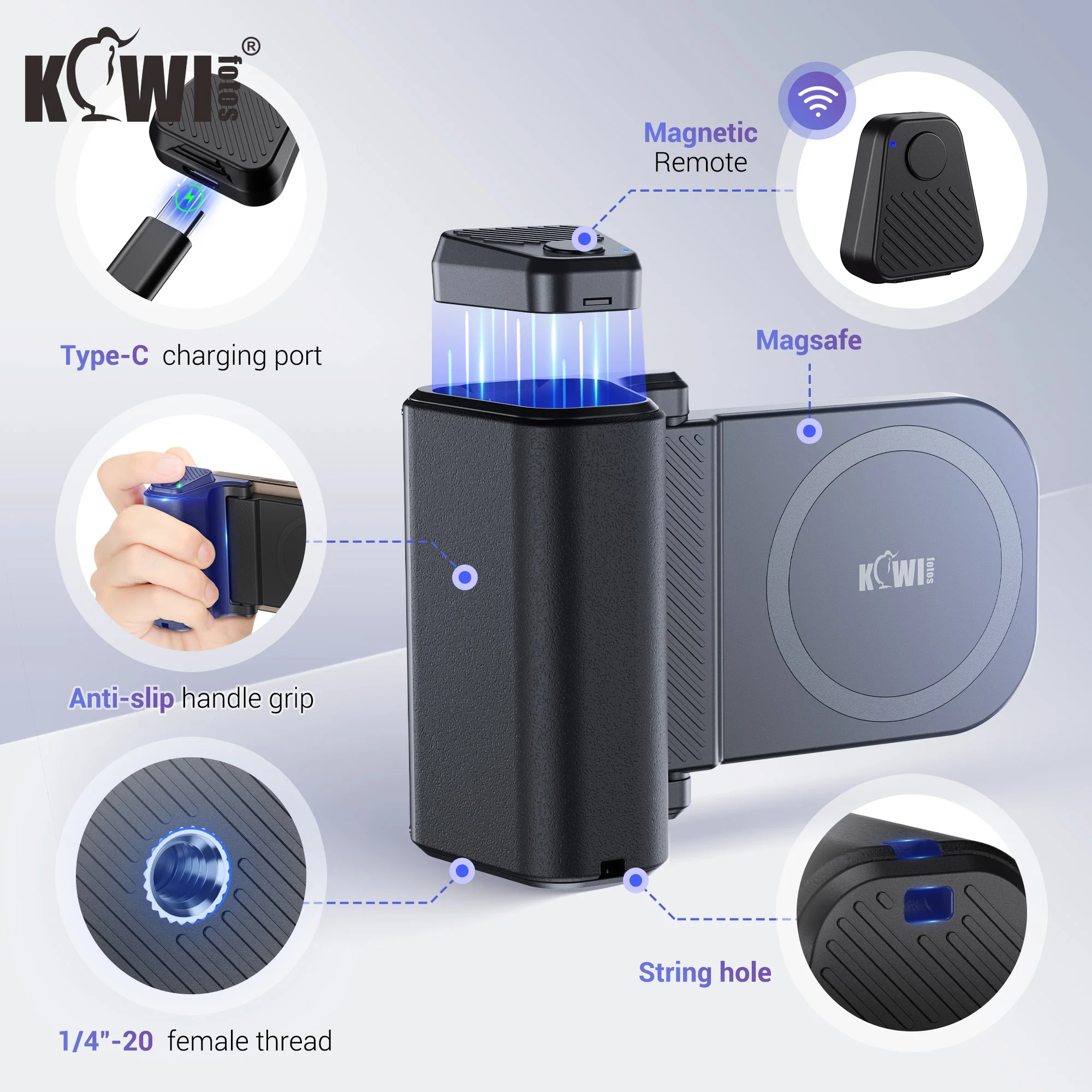 磁気スマートフォン撮影ホルダー電話拡大ハンドグリップスタビライザー電話カメラグリップ三脚マウント付き iPhone 16 15 14