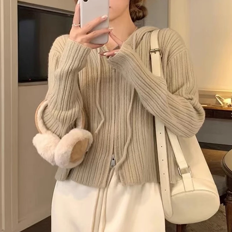 

Korean Style Chic Unique Double Zipper Hooded Knitted Cardigan Spring Autumn Short Sweater Coat Fashion Long Sleeve Tops 28255