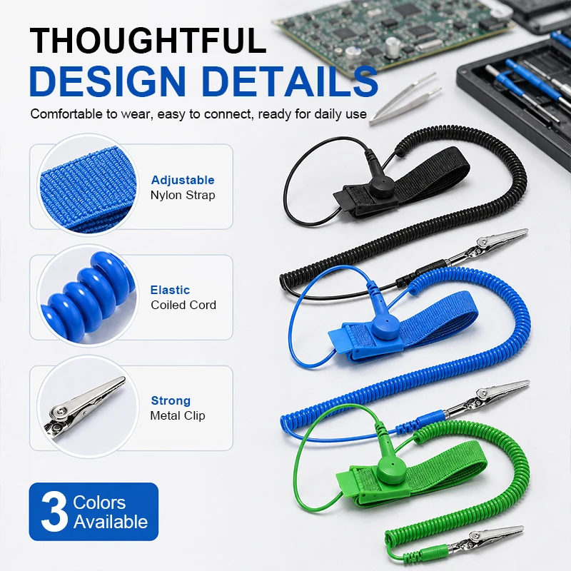 1,8m/2,5m/3m/5m/10m Verstellbares ESD Antistatik-Handgelenkband, PU-Spiralkabel Erdungsband für PC- und Handy-Reparatur, Statischer Schutz – Detail 3