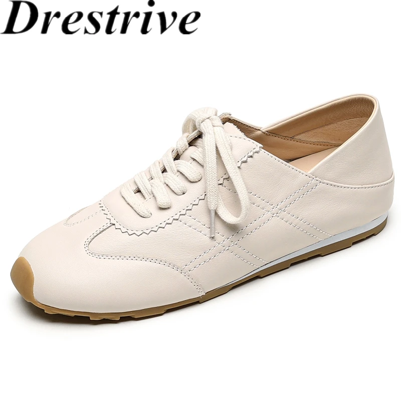 Drestrive 2025 Top Quality Women's Casual Shoes Cow Leather Lace Up Round Toe Low Heels Beige Handmade New Arrivals