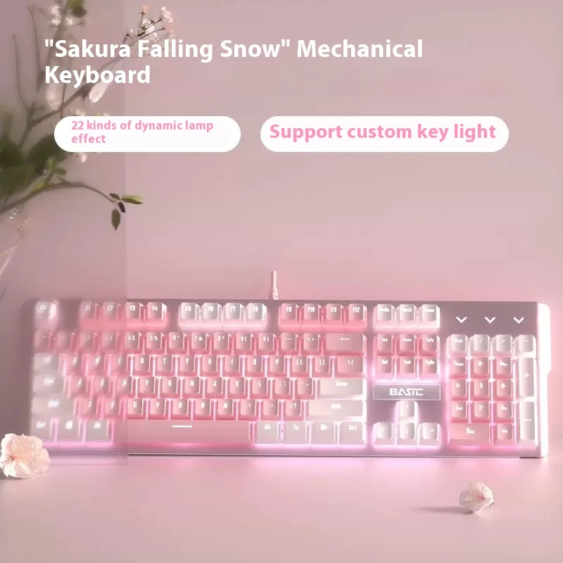 Honte Snow Moon Mechanical Keyboard Wired Girl Pink White Powder E-Sports Game Cute Computer Blue Axis Red Axis Girlish Keyboard