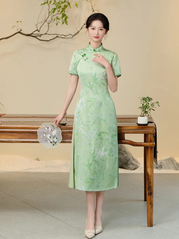 young-women's-green-chinese-style-reformed-qipao-dress-maternity-summer-wear-daily-elegant-midi-length-slip-on-skirt