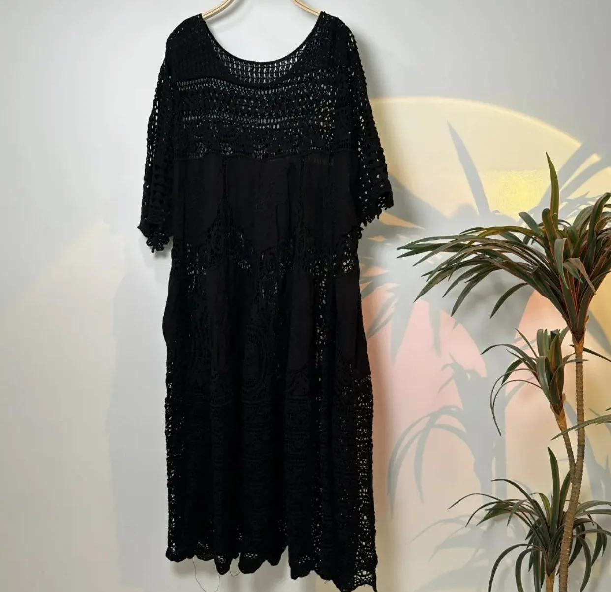 Summer Dress with Mid Sleeves Large Hem Hollowed Out Knitted Hook Flower Waistband Lace Maxi Dress Elegant Loose Women Long Robe