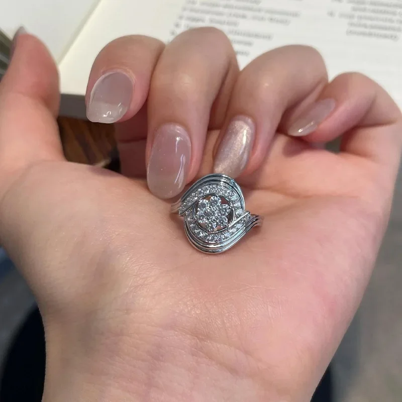 

Retro Circular Glossy style Spiral Flower inlay Diamond Ring Silver 925 High quality Petal Engagement Ring Fine Jewelry