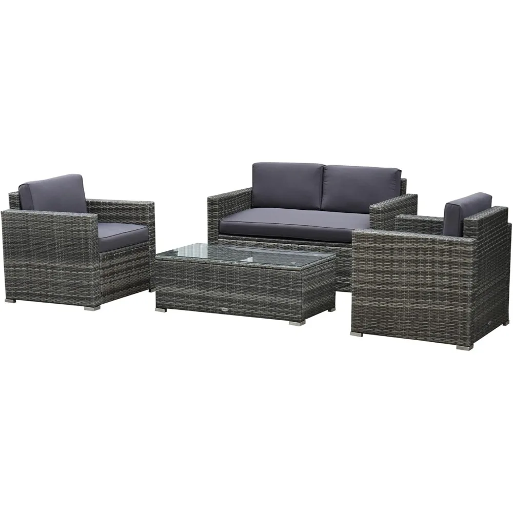 4 Piece Wicker Patio Furniture Set with Cushions, with 2 Sofas, Loveseat and Glass Top Coffee Table, Garden Sofa Set