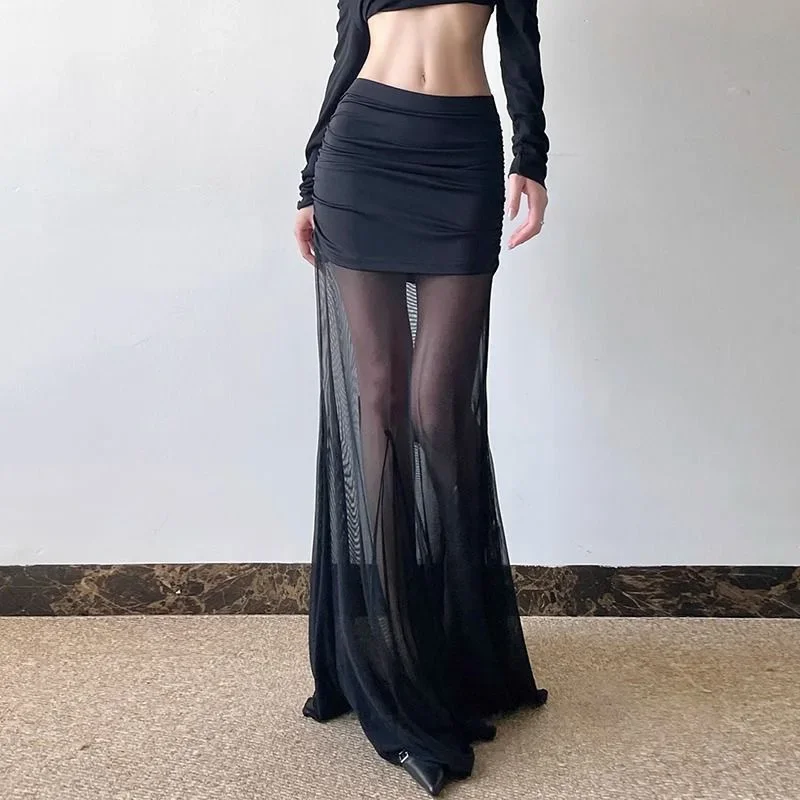 

Black Mesh Patchwork Skirt Women Sexy Hot Girl Slim Folds Hip Wrap Skirt Summer New Harajuku All Match Thin See Through Skirt
