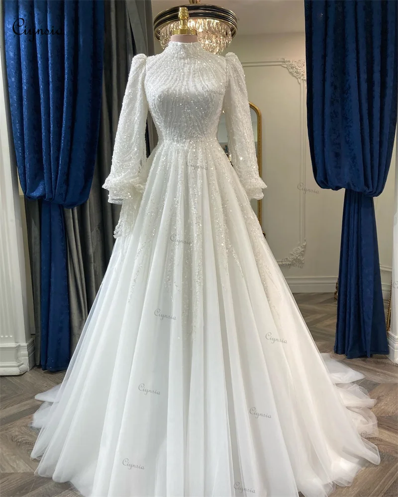 Ciynsia Luxury Long Sleeves Muslim Wedding Dresses Lace Beaded Dubai Arabic Bridal Gowns For Women Bride Robe De Mariée 2024