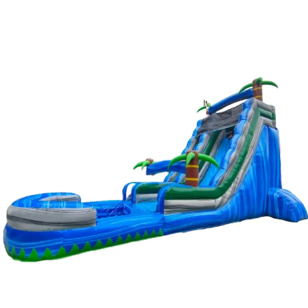 

Hot Sale Tropical Blue Inflatable Pool Slide Kids Palm Tree Theme Inflatable Dual lane Water Slide with Pool