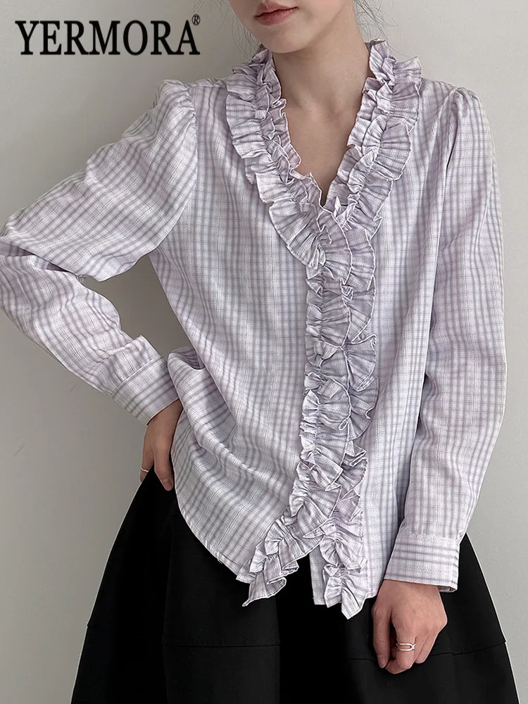 

YERMORA Purple Texture Ruffled Collar Brief Casual Blouse For Women Long Sleeve Loose New Shirt Fashion Tide Spring Autumn 2026