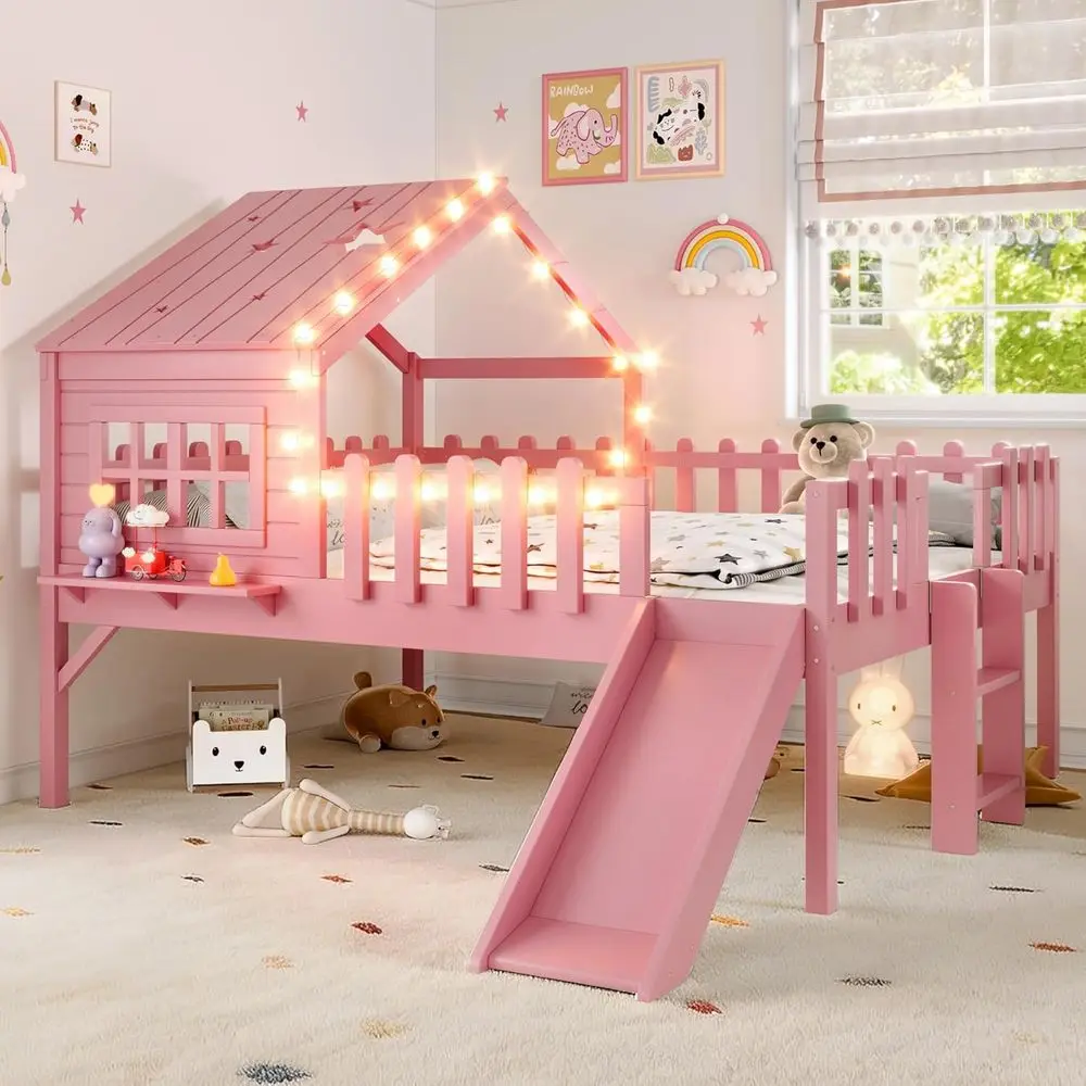 

Spacious Wooden Playhouse with Slide, Lights, and Safety Rails for Kids