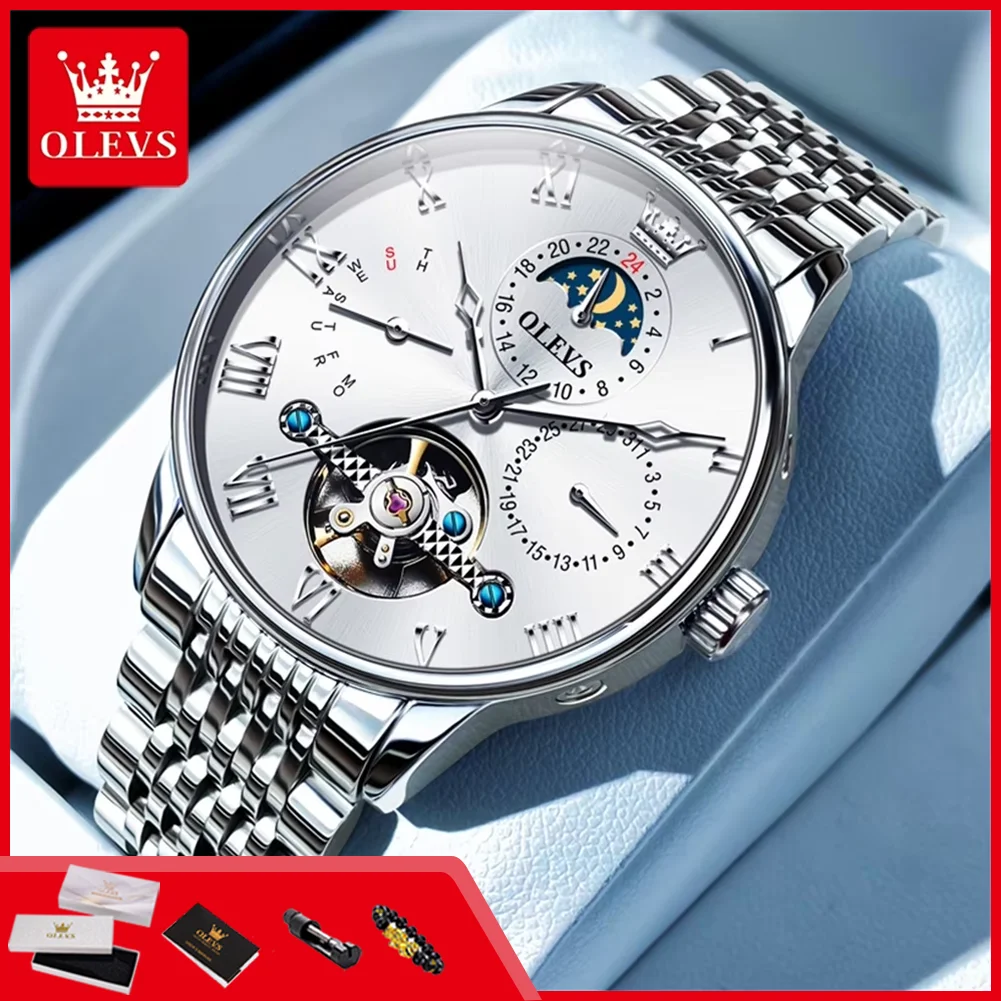 

OLEVS 7009 Оригинальные мужские часы класса люкс, автоматические, скелетонизированные, с календарем, водонепроницаемые, механические, с фазами Луны