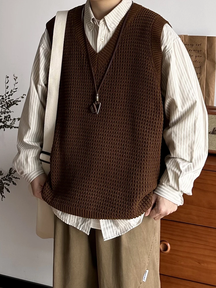 

Свободный вязаный жилет на осень-зиму, повседневный однотонный свитер в стиле Lazy Neutral для пар, мягкий японский топ с длинными рукавами