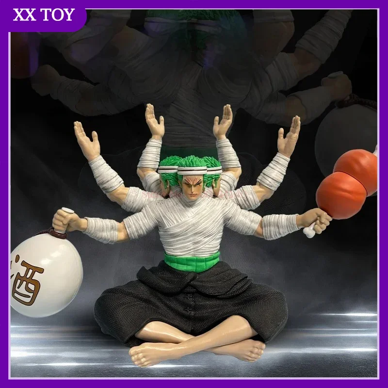 

New Anime One Piece Action Figurine Roronoa Zoro Bandages Three Heads Six Arms Zoro Wine Meat Pvc Model Collection Ornament Toys