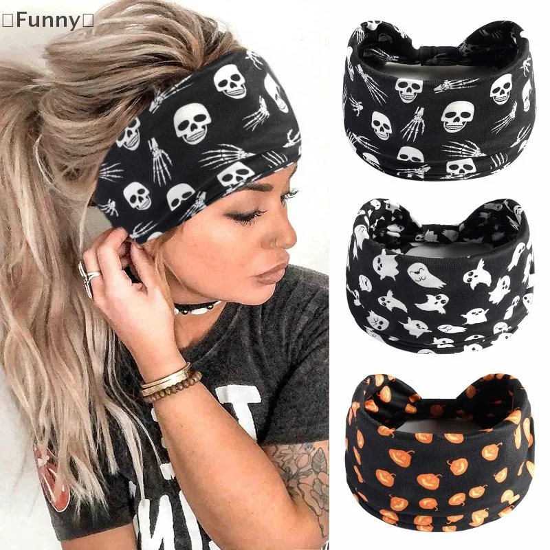 〔Funny〕 Print Headbands Women Girls Fashion Hair Bands Skull Vintage Cross Turban Bandage Bandanas HairBands Hair Accessories