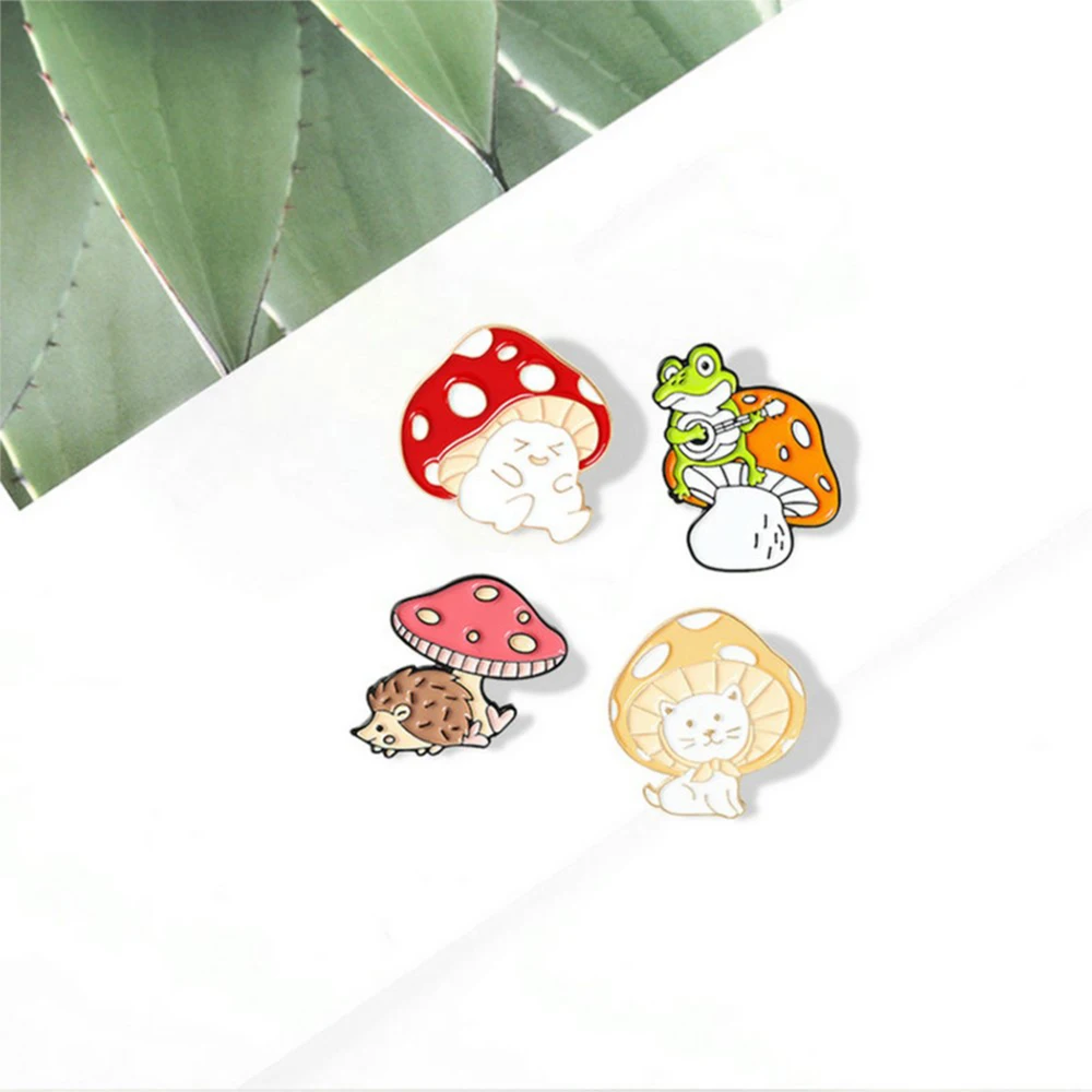 Mushroom Enamel Pin Custom Cat Frog Hedgehog Brooches Shirt Lapel Bag Cartoon Cute Animal Badge Jewelry Gift for Kids