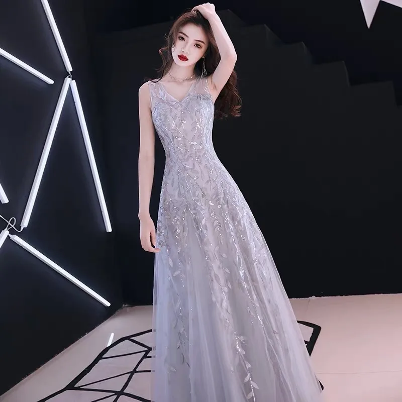 2026 nova primavera feminina sexy glitter com decote em v vestido de noite elegante, fino, elegante banquete longo vestido de zíper traseiro