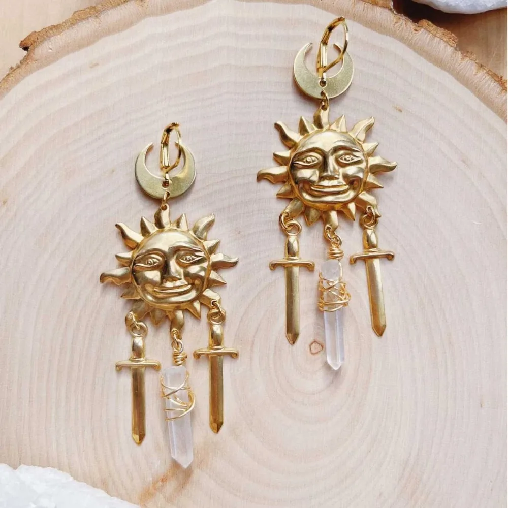 Greek Mythology Gold Color Sun Moon Sword of Athena White Crystal Pendant Dangle Earrings for Women Retro Bohemia Jewelry Gifts