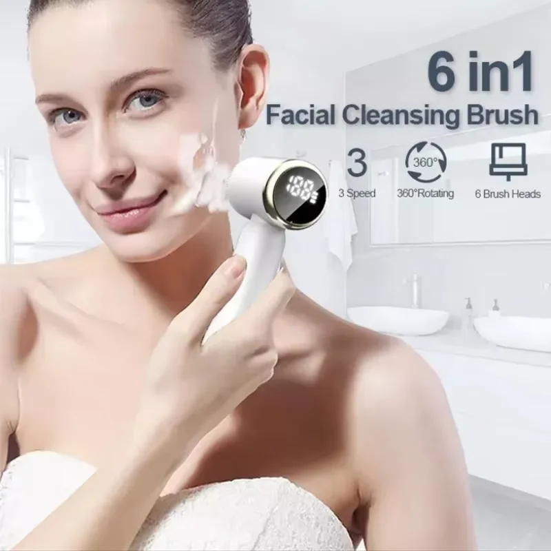 Limpador facial elétrico 6 em 1, esfrega de silicone, escova de limpeza de 3 velocidades para acne, cravo, limpeza de poros, dispositivo de beleza dom