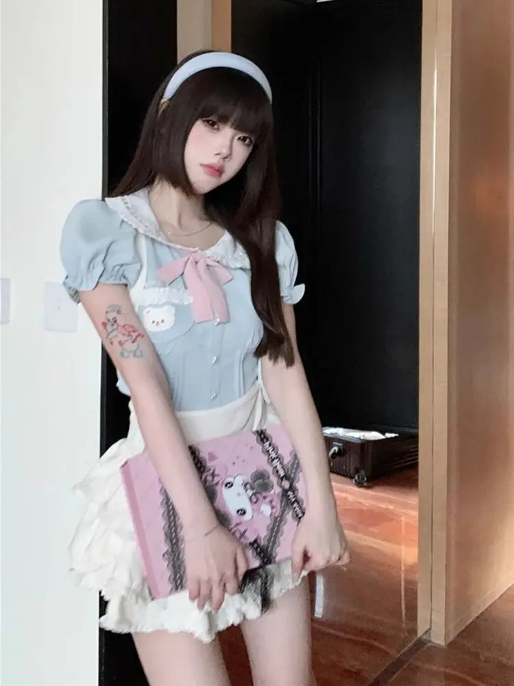 زي مدرسي صيفي لطيف على طراز الدوبامين مكون من قطعتين بأكمام قصيرة ورقبة دائرية من مادة البوليستر ملابس عمل للطلاب