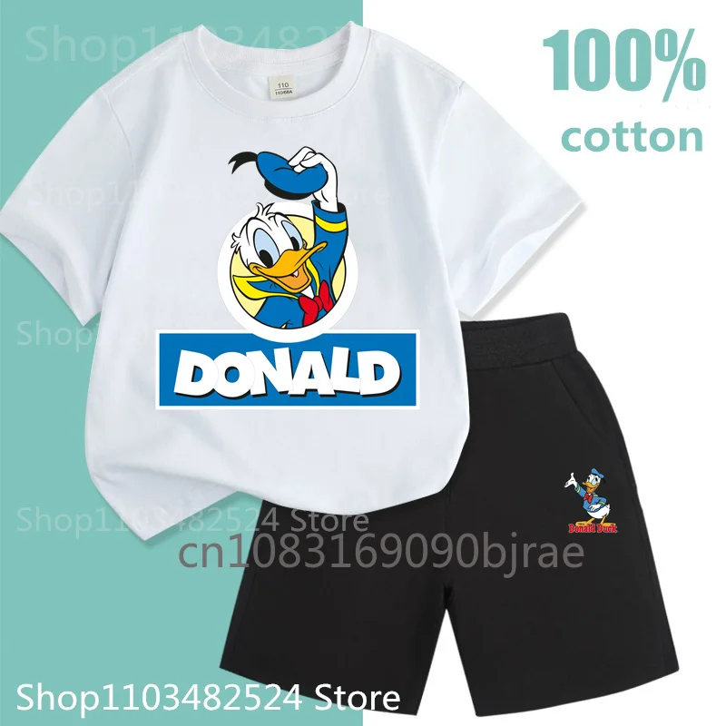 Fashion Kids Donald Duck Disney Pattern Print 100% Cotton T-shirt Sets Boys Round Neck Short Sleeve Girls Casual Sets For Summer