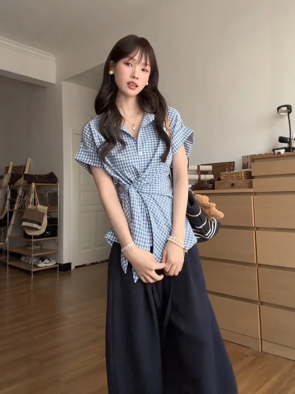 

Blue Plaid Neck Short Sleeve Shirt Women's Summer Slimming Casual Top Korean Style Bow Tie Waist Cinching Blouse