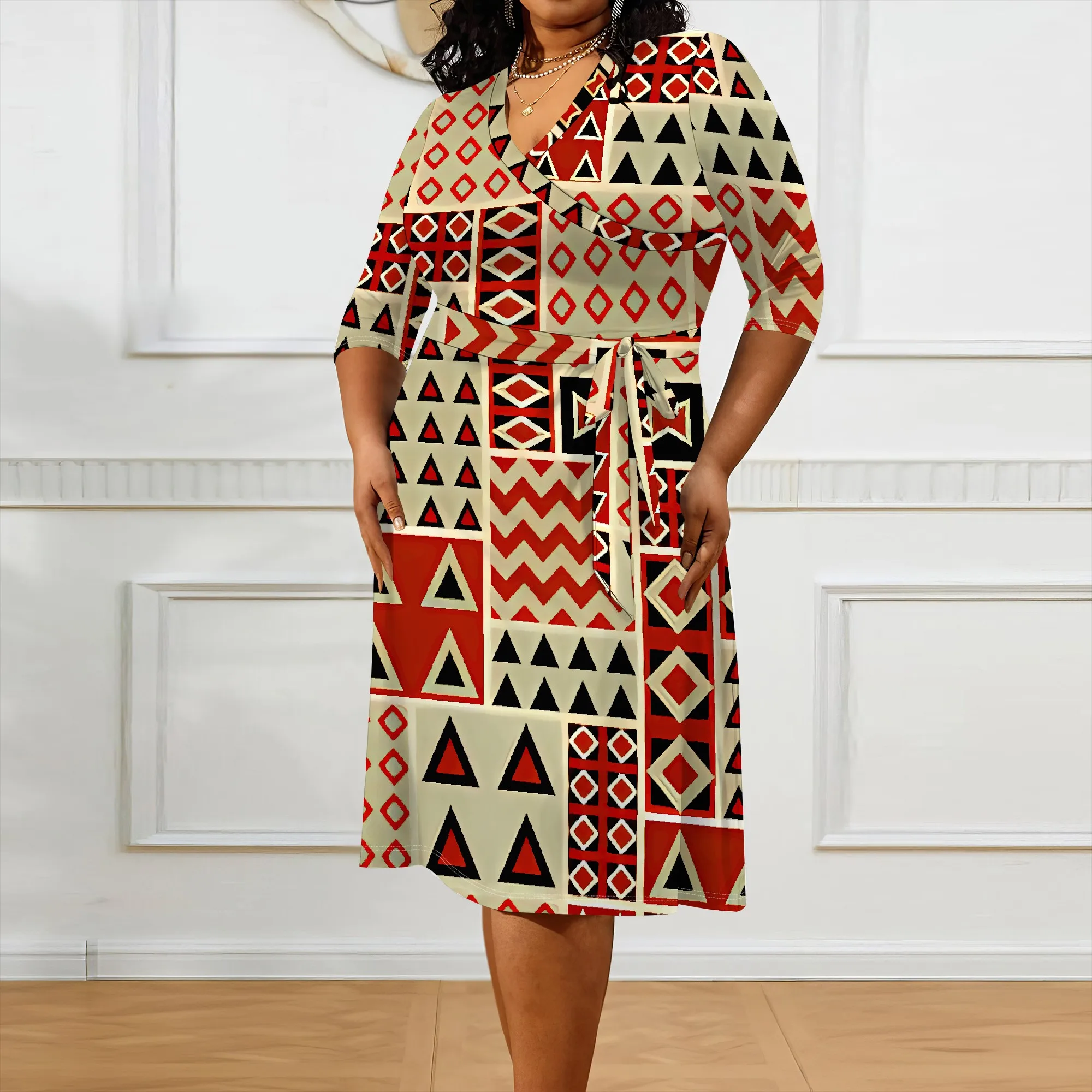 Plus Size Tribal Print V Neck Belted Midi Dress African Style 3/4 Sleeve Casual Outfit for Women