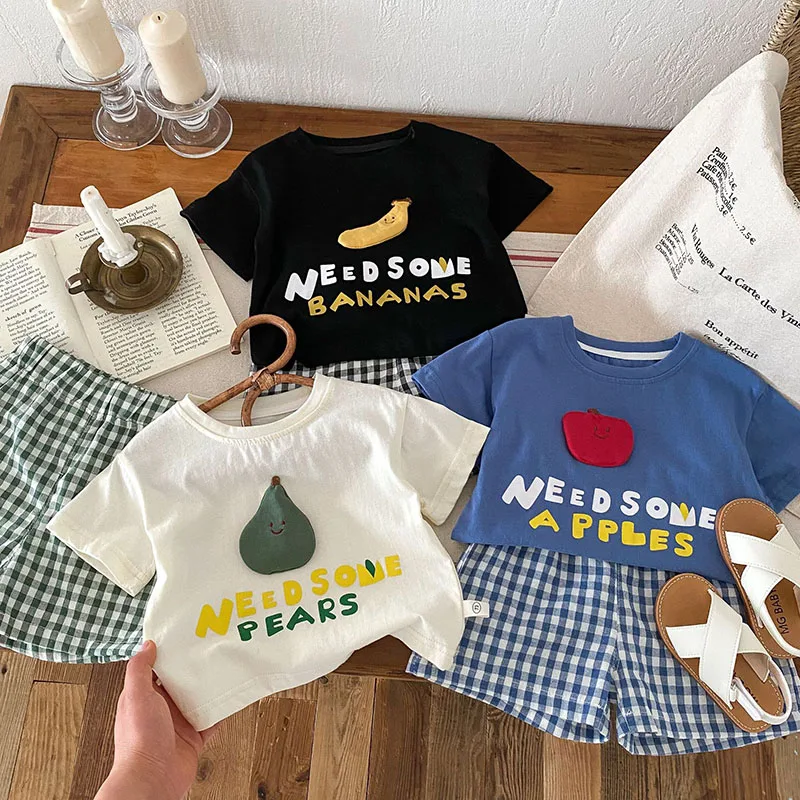 MILANCEL 2024 New Summer Kids Baby Tops Set 0-5 Y Cartoon Tees And Plaid Shorts 2 Pcs Suit For Boys Girls Children's Outfit