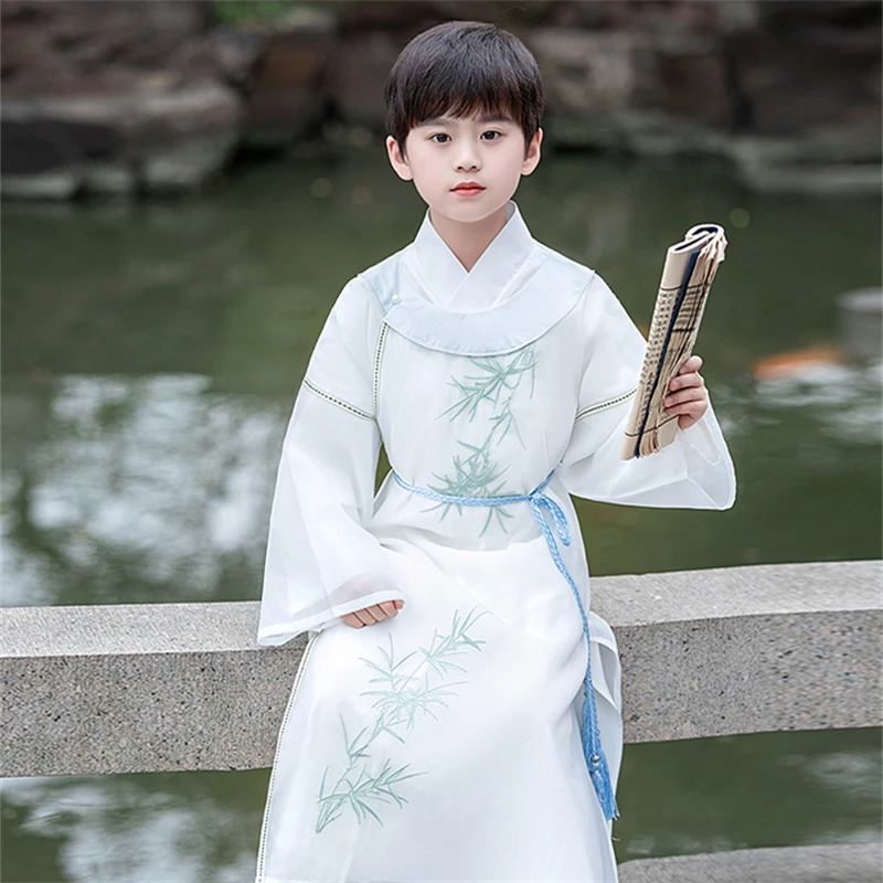 Classical Chinese Style Clothing Bamboo Leaf Embroidery Costume Retro Elegant Long Gown Festival Performance Attire for Boys