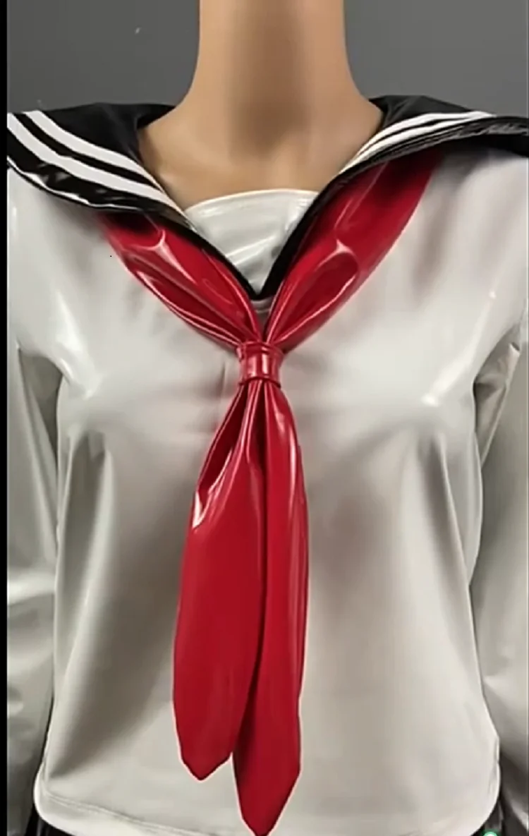 Cosplay 3Pcs/Set Shiny Pleated Skirt Campus Sailor Collar PVC Faux Leather Sentimental Servant Girl Crop Top Red Scarf Preppy