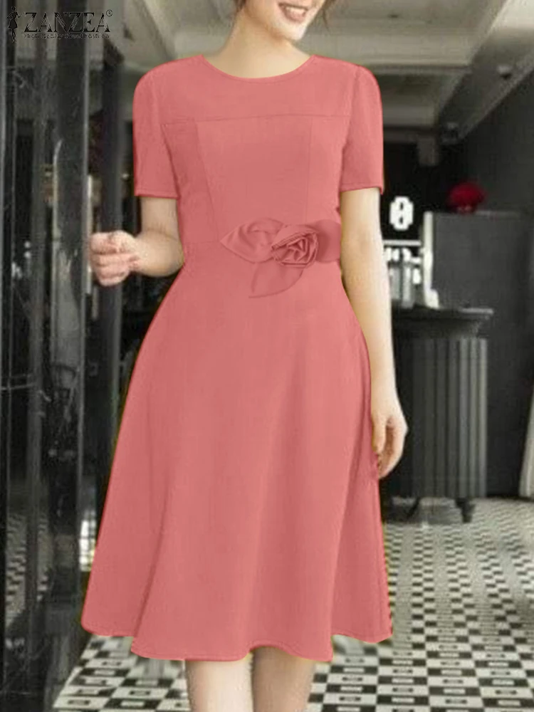 

ZANZEA Womens Elegant Fabric Flower Midi Dresses Fashion O-Neck Short Sleeve A-line Robes Femme Commuting Solid Color Vestidos
