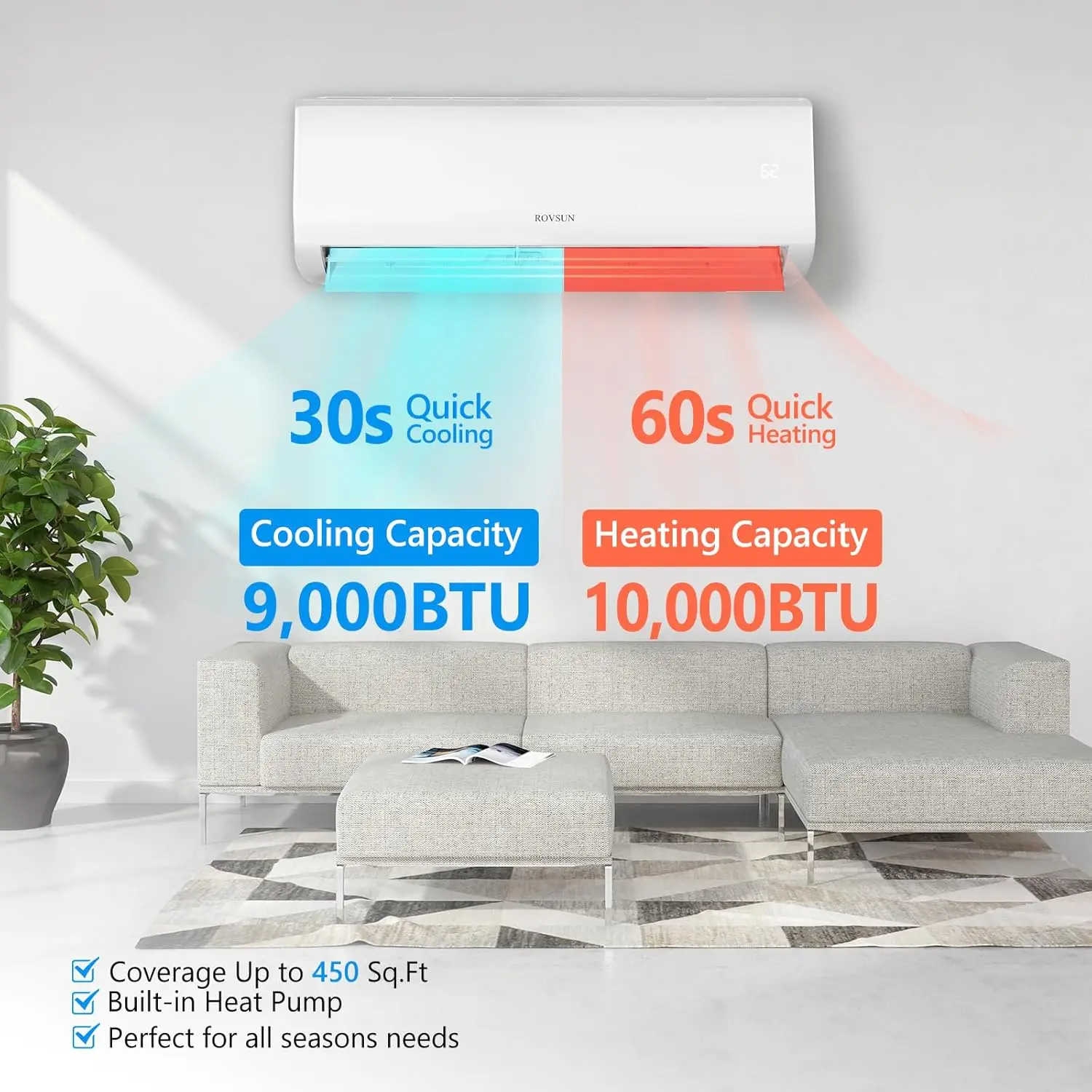 Mini Condicionador de Ar e Aquecedor Split, Inversor de Economia de Energia, Wi-Fi Ativado, Unidade AC Ductless, 9000BTU, 19 SEER 115V