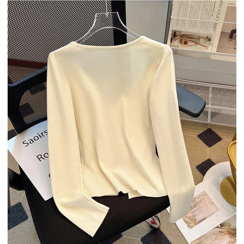 2024 Fall Women’s Square Neck Long Sleeve T Shirts Split Slit Front Buttons Trim Slim Fitted Ribbed Pullover Knit Sweater Tops