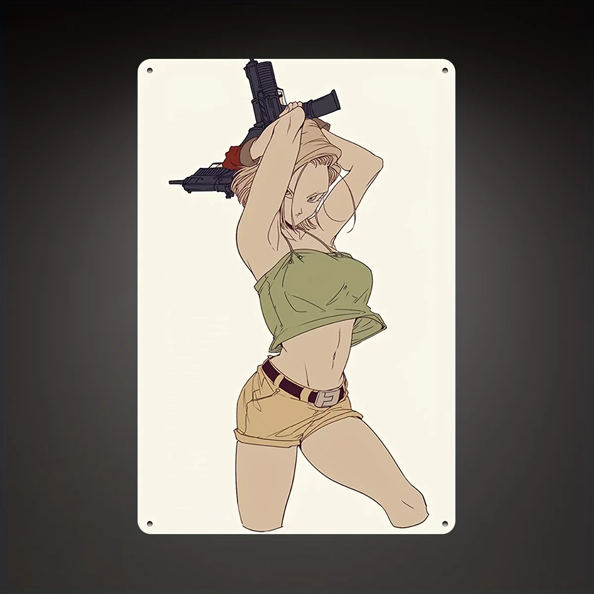 Android 18 Anime Girl Metal Wall Art Sign -  Vibrant Green Crop Top & Yellow Shorts Illustration Perfect for Man Cave, Bar, Home