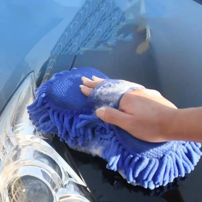 1/2Pcs Blue Microfiber Chenille Car Wash Kit, Auto Cleaning Sponge Pad Washing Glove Towel, Essential Auto Detailing Accessories
