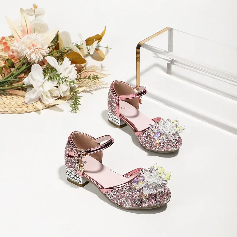 Girls Sandal Crystal Flower Children's High Heels New Summer Kids Casual Fashion Sequin Princess Dance Performance Leather Shoes