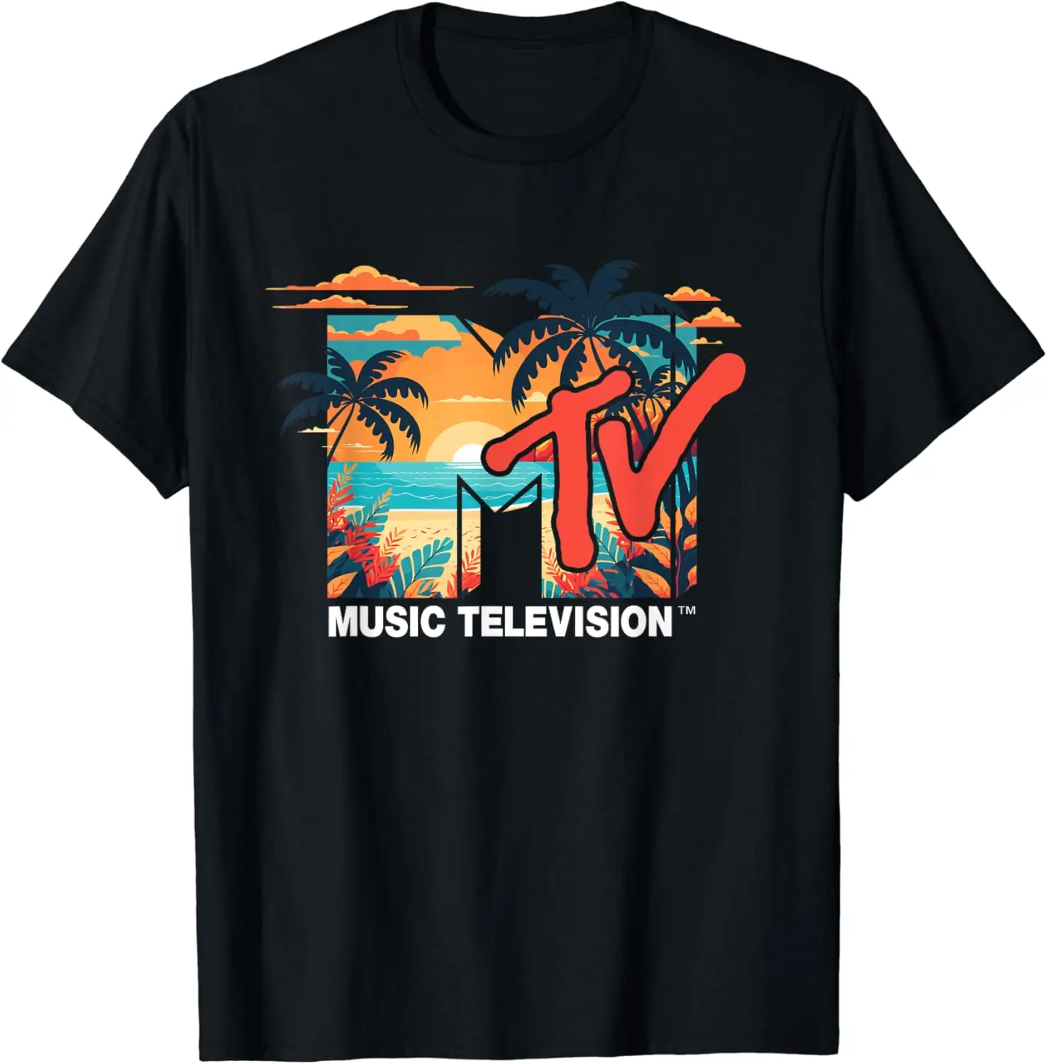 Mademark x MTV - MTV Logo Palm Beach Summer Sunrise T-Shirt Casual O-Neck Tee Shirts Streetwear