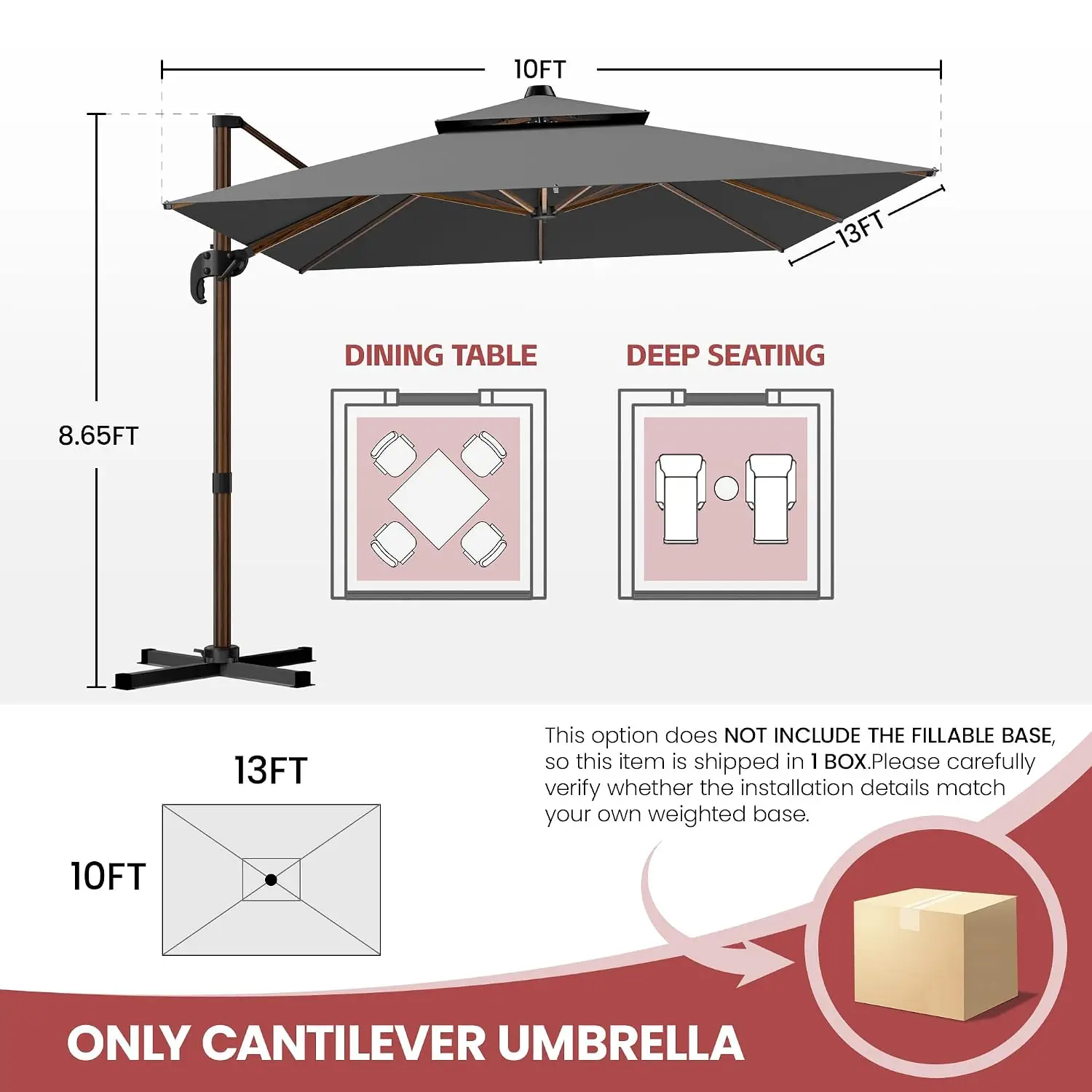 10x13FT Wood Pattern Cantilever Patio Umbrella, Double Top Rectangle Offset Umbrella 7 Angle Tilts & 360° Rotation,, Customized